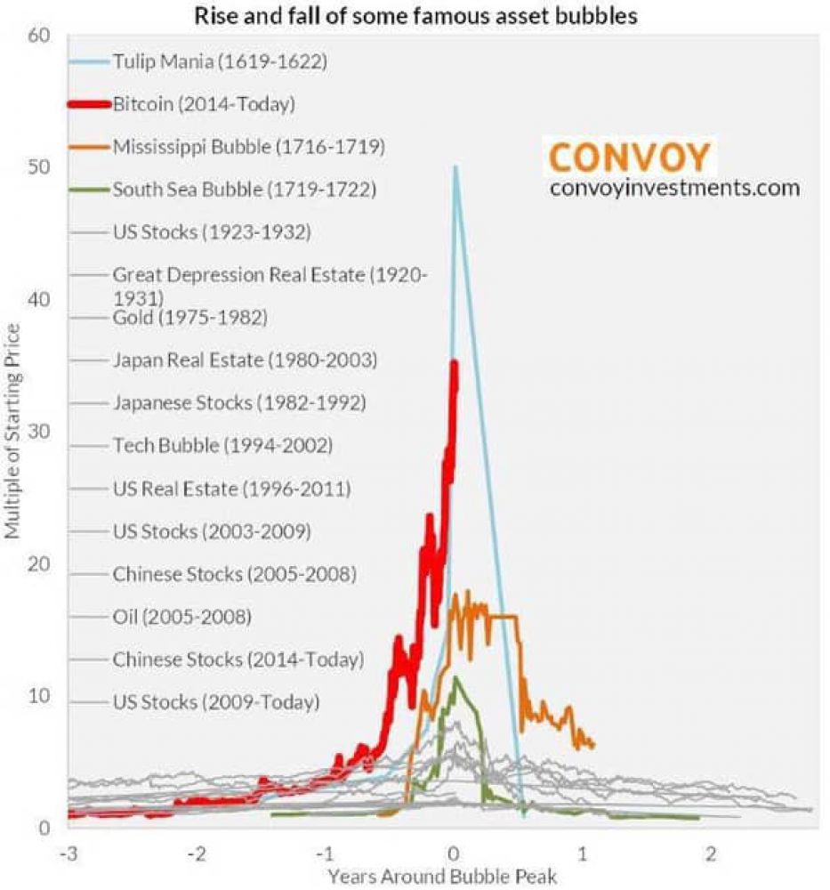 Rise and fall of some famous asset bubbles